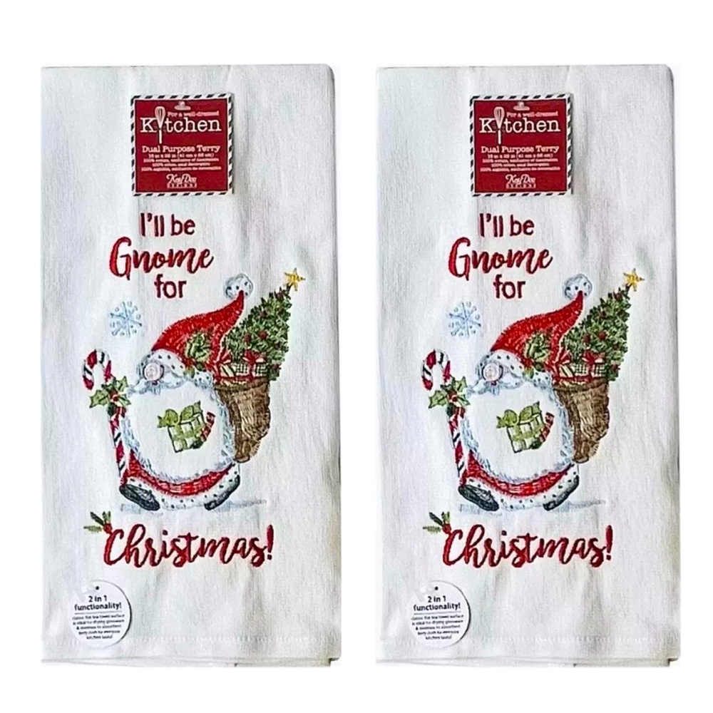I’ll Be Gnome For Christmas Terry Kitchen Towels by Kay Dee Designs Set of 2 NWT